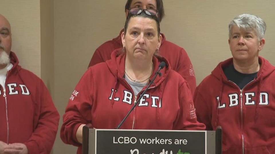 Colleen MacLeod, chair of OPSEU'S Liquor Board Employees Division, left, said LCBO workers are ready to strike on July 5 if no agreement is reached with employer. McLeod was joined by OPSEU president JP Hornick, right.