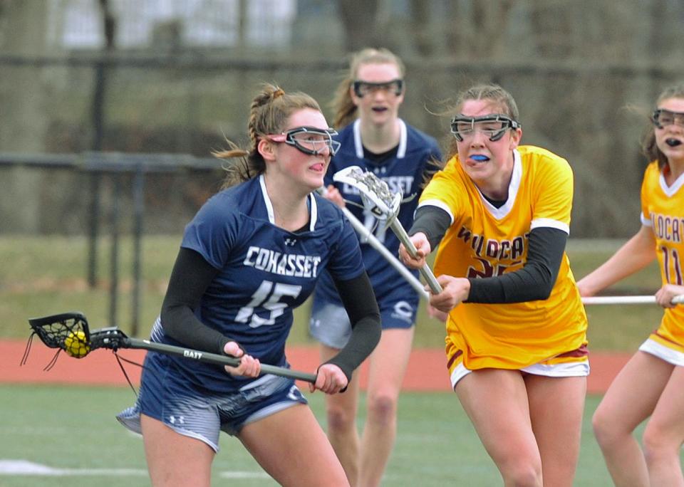 Weymouth's Megan Doyle, right, tries to block the pass of Cohasset's Laney Larsen, left, during girls lacrosse at Weymouth High School, Friday, March 31, 2023.