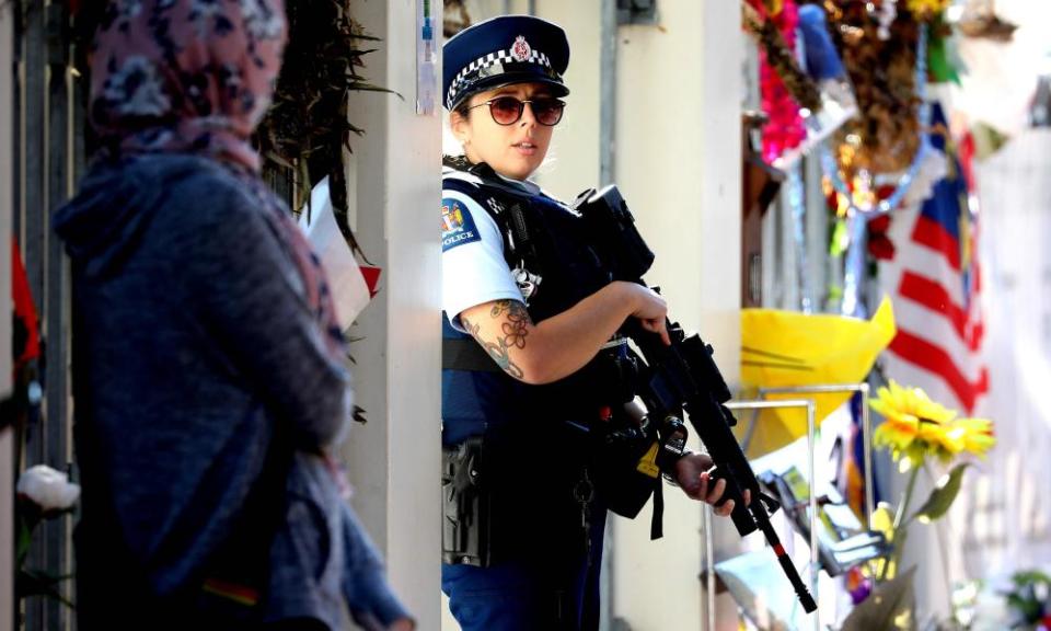 Armed police guard Al Noor mosque in the wake of the Christchurch attack.