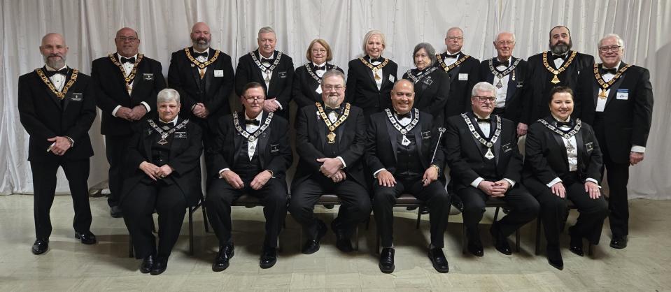 From left to right front row: Jeanne Bernard, PER, Tiler; Jeff Rasmussen, Esteemed Leading Knight; Mark Guilmett, PER, Exalted Ruler; Victor Rivera, Jr., Lodge Esquire; Ken Verhelle, Esteemed Lecturing Knight; Rhoda Forsythe Rivera, Esteemed Loyal Knight. Back row: Peter Ducharme, PER, Lodge Trustee; Jim Clark, PER, Lodge Trustee Chair; Matthew Sanborn, Lodge Trustee and DD Designate; Harry Tagen, Inner Guard; Janice Tagen, Chaplain; Bonnie Skidds, PER, Lodge Trustee; Cindy Skidds, Lodge Treasurer; Jerry Skidds, PER, PDD, Lodge Trustee; Norman Gervais, PER, Lodge Secretary; Scott Welch, PER, PDD, Stave Vice President and Don Chesnel, PER, PDD, PSP, PGLC and current Grand Esteemed Lecturing Knight.