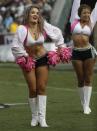 <p>Oakland Raiders cheerleaders perform during the first half of an NFL football game between the Oakland Raiders and the Kansas City Chiefs in Oakland, Calif., Sunday, Oct. 16, 2016. (AP Photo/Marcio Jose Sanchez) </p>