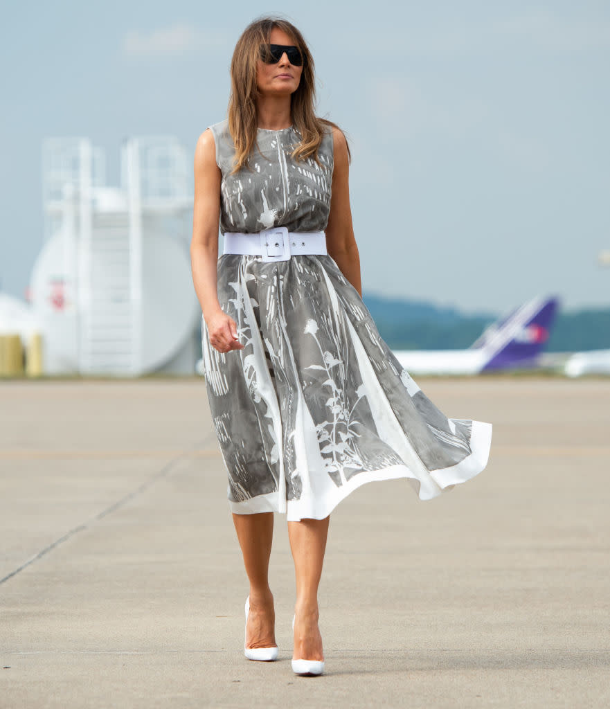 The First Lady opted for a sleeveless dress and co-ordinating accessories for a trip to a children’s hospital as part of her ‘Be Best’ campaign. [Photo: Getty]