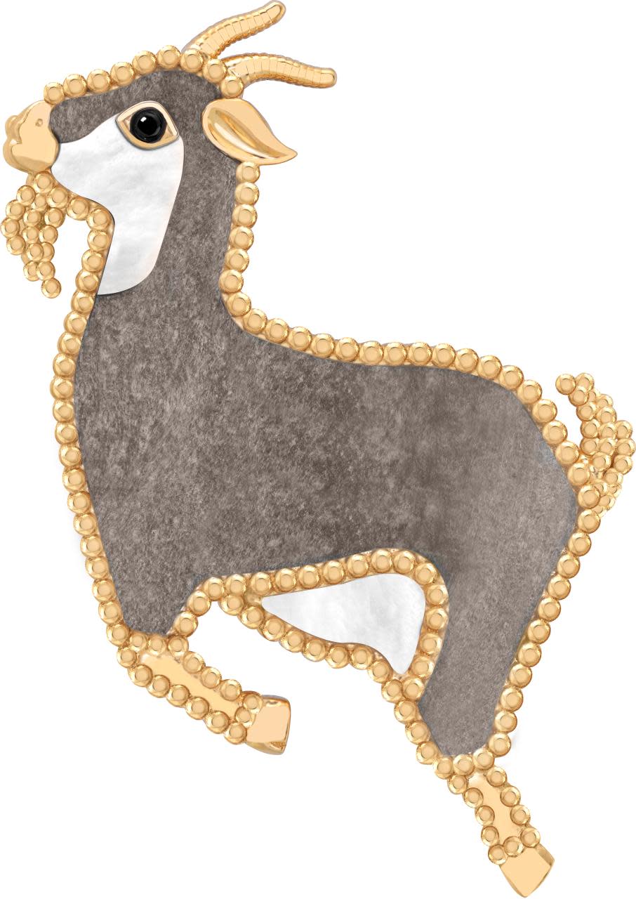 Lucky Animals系列Goat胸針 黃K金、銀黑曜石、白色珍珠母貝、縞瑪瑙 建議售價: 約新台幣248,000元