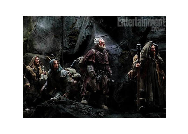 Four of the 12 dwarven companions. From left to right, Fili (Dean O'Gorman), Kili (Aiden Turner), Ori (Adam Brown) and Nori (Jed Brophy). (Credit: EW)