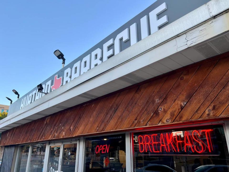 The red neon sign “breakfast” beckons from the new Hurtado Barbecue in Fort Worth.