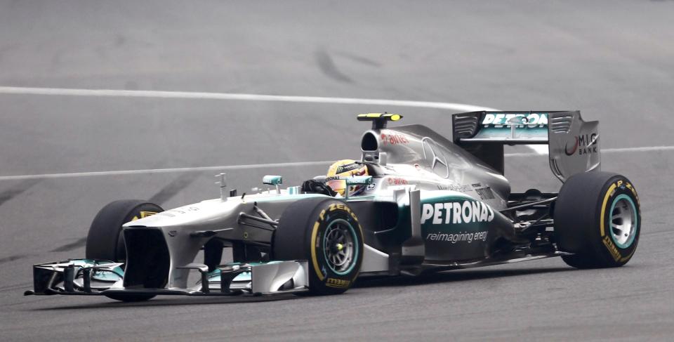 Mercedes Formula One driver Hamilton drives during the Indian F1 Grand Prix at the Buddh International Circuit in Greater Noida