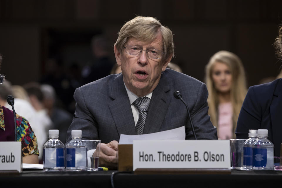 FILE - In this Sept. 7, 2018, file photo, former Solicitor General Ted Olson testifies on a panel of experts and character witnesses before the Senate Judiciary Committee on behalf of President Donald Trump's Supreme Court nominee Brett Kavanaugh on the final day of the confirmation hearings, on Capitol Hill in Washington. Saudi Arabia is paying influential lobbyists, lawyers and public relations experts nearly $6 million a year to engage U.S. officials and promote the Middle East nation, even after several firms cut ties with the kingdom following the disappearance of journalist Jamal Khashoggi. Among those in Saudi Arabia's corner are a lobbying firm headed by the former Republican chairman of the House Armed Services Committee and high-profile Washington attorney Olson. (AP Photo/J. Scott Applewhite, File)