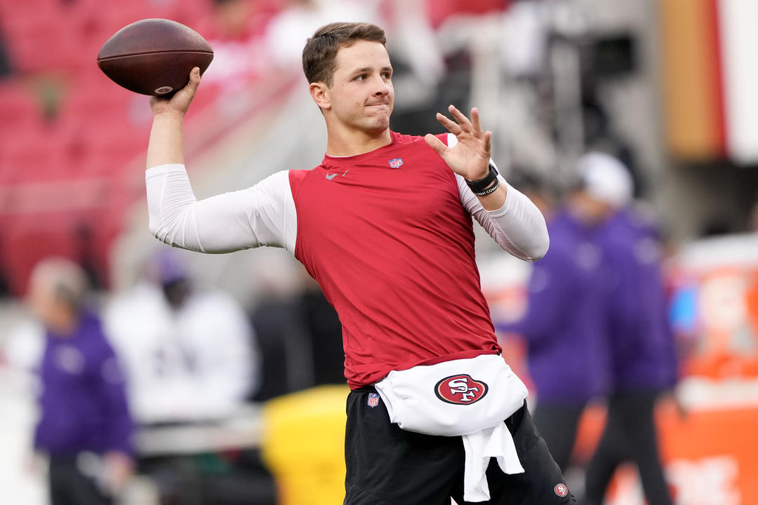 SANTA CLARA, CALIFORNIA - DECEMBER 25: Brock Purdy #13 of the San Francisco 49ers warms up prior to a game against the Baltimore Ravens at Levi's Stadium on December 25, 2023 in Santa Clara, California. (Photo by Thearon W. Henderson/Getty Images)