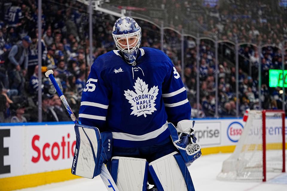 Toronto Maple Leafs goaltender Ilya Samsonov skates away from his net after a second goal by Tampa Bay Lightning forward Brayden Point.