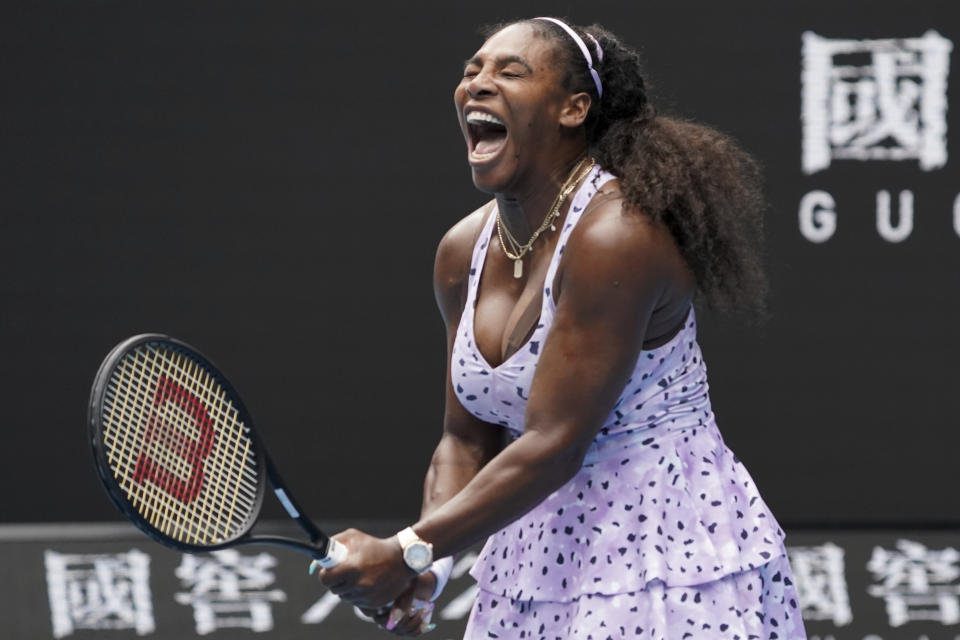 Serena Williams of the U.S. reacts as she plays China's Wang Qiang in their third round singles match at the Australian Open tennis championship in Melbourne, Australia, Friday, Jan. 24, 2020. (AP Photo/Lee Jin-man)