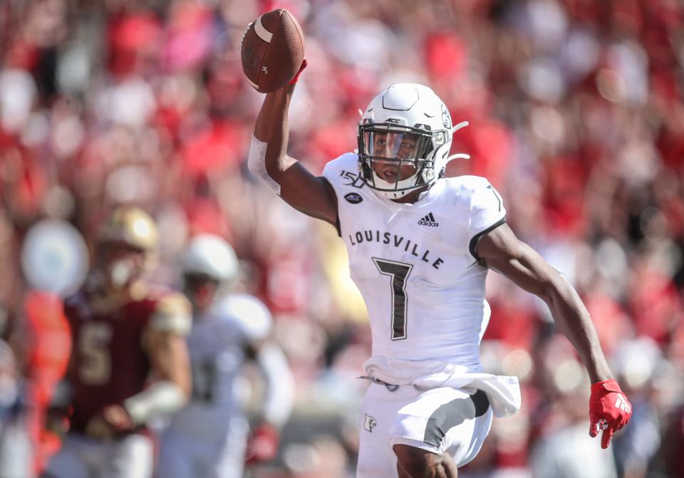 Louisville's Dez Fitzpatrick scored on this 23-yard touchdown catch in the fourth quarter as the Cards won 41-39 in a shootout over Boston College Saturday afternoon at Cardinal Stadium. He was one of six Louisville players that had more than 100 yards in rushing, receiving or passing. Oct. 5, 2019