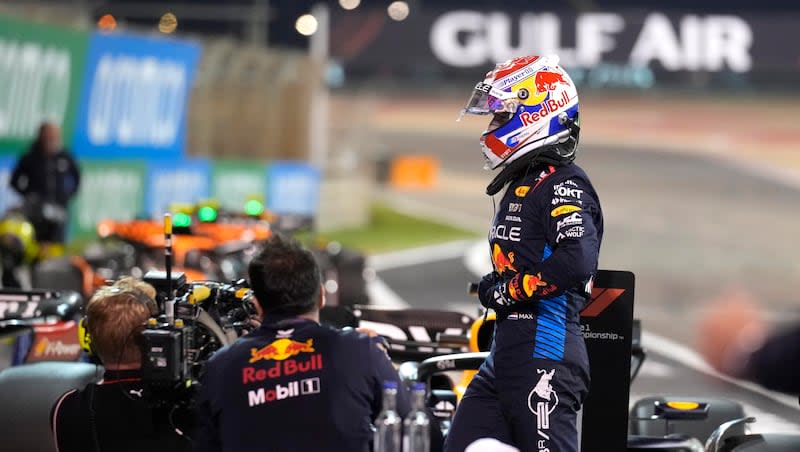 Red Bull driver Max Verstappen of the Netherlands gets out of his car after he clocked the fastest time during qualification ahead of the Formula One Bahrain Grand Prix at the Bahrain International Circuit in Sakhir, Bahrain, Friday, March 1, 2024.