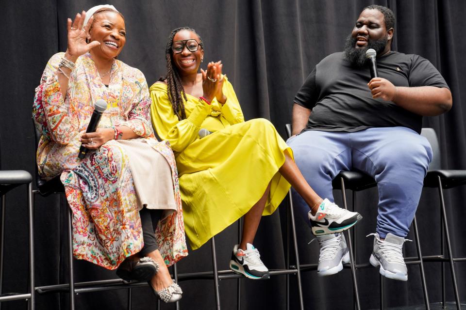 From left, Pat Dombe, of Gaberone, Botswana, Annie Doresca, of Long Island, New York, and President of Culture Academy Akil Alvin speak at the Black in Jewelry panel at the Academy Culture Empowerment Day event in Detroit at Little Caesars Arena on Sunday, June 25, 2023. The event featured live panels, live music, workshops and games.