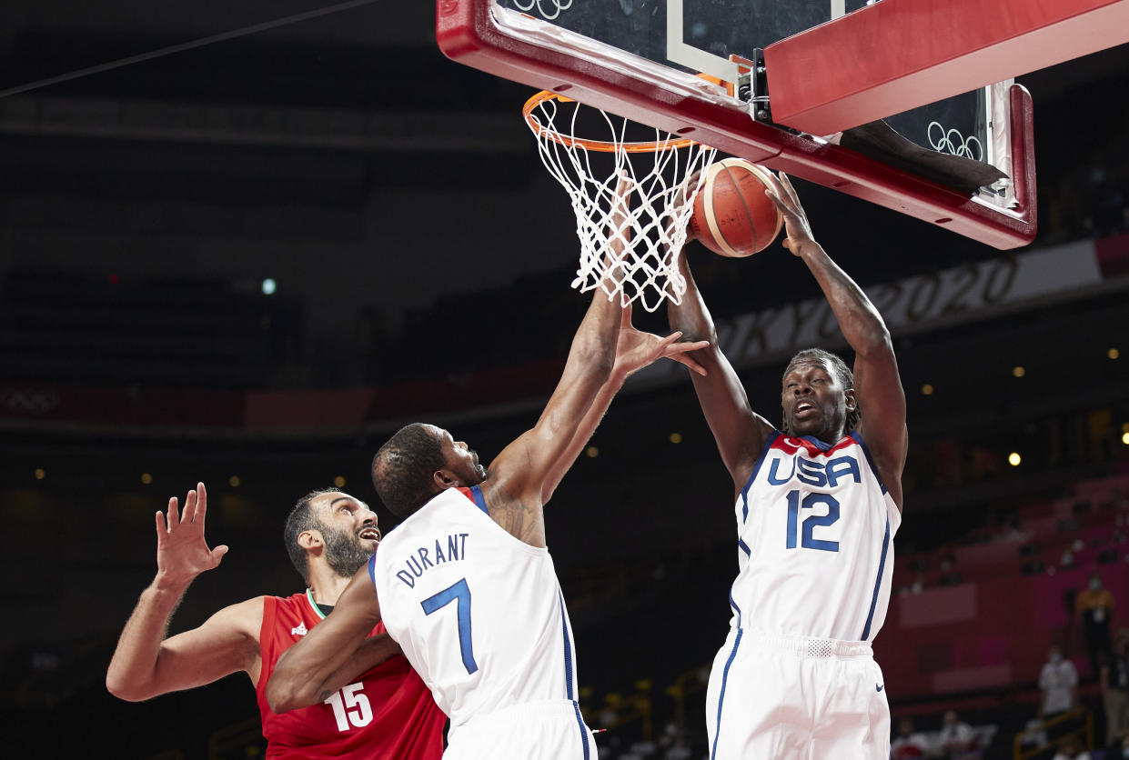 Kevin Durant and Jrue Holiday will try to help Team USA to another blowout win in Tokyo. (Photo by Berengui/DeFodi Images via Getty Images)