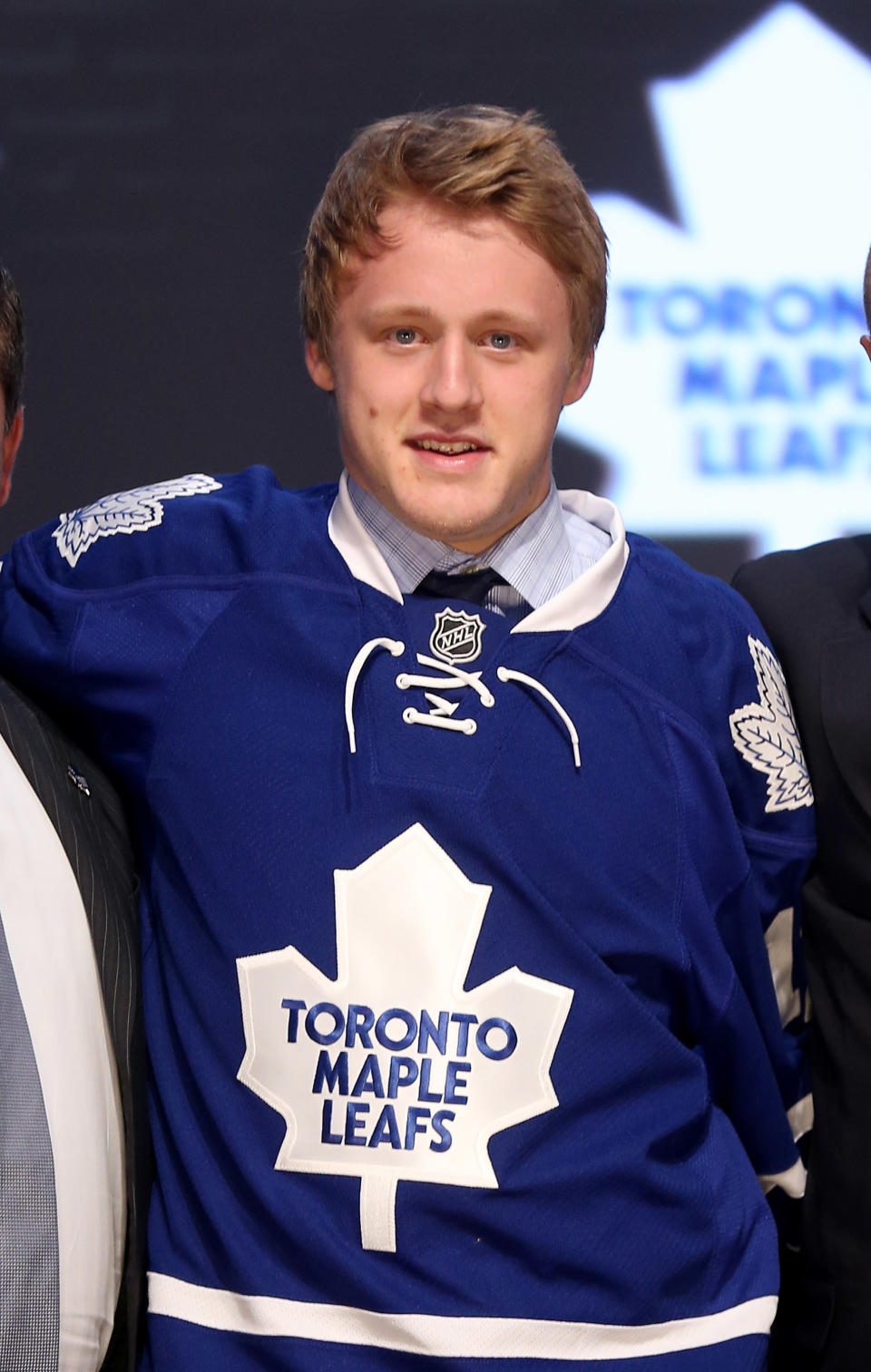 PITTSBURGH, PA - JUNE 22: Morgan Rielly, fifth overall pick by the Toronto Maple Leafs, poses on stage during Round One of the 2012 NHL Entry Draft at Consol Energy Center on June 22, 2012 in Pittsburgh, Pennsylvania. (Photo by Bruce Bennett/Getty Images)
