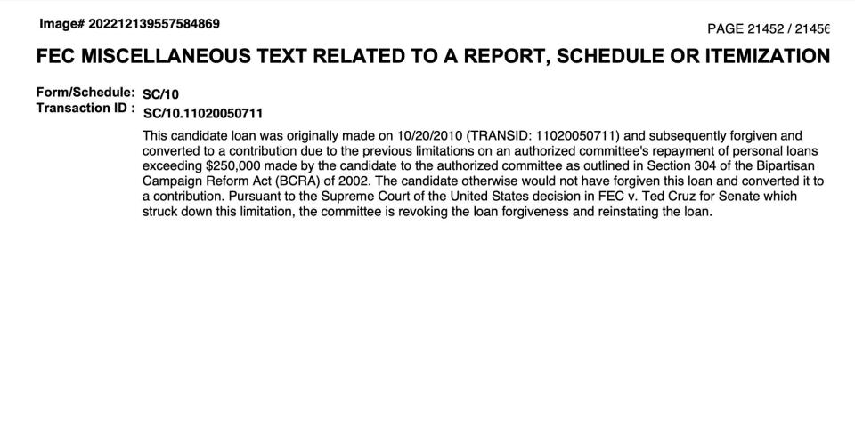 In October quarterly filings, Johnson's campaign declared that it was reinstating $8.4 million in loans, citing Ted Cruz vs. FEC.