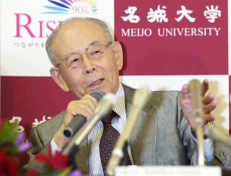 Meijo University professor Isamu Akasaki speaks during a news conference at Meijo University in Nagoya, central Japan, in this photo taken by Kyodo October 7, 2014. Mandatory credit REUTERS/Kyodo