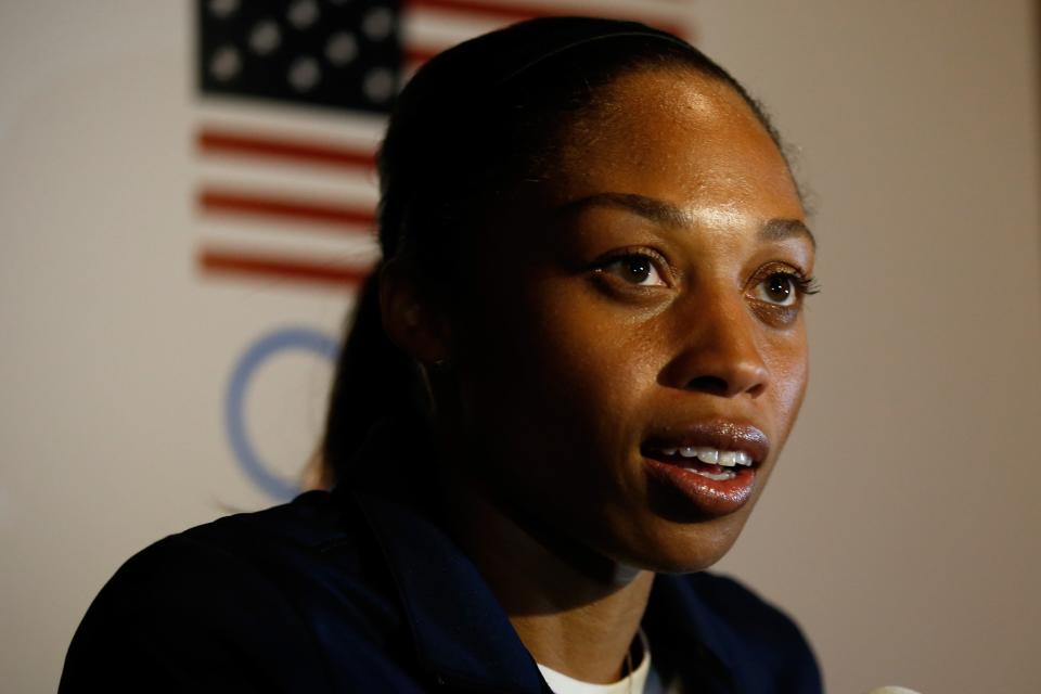 <p>Sprinter Allyson Felix won three gold medals in the 2012 London Games. This is her fourth Olympics. (Getty) </p>