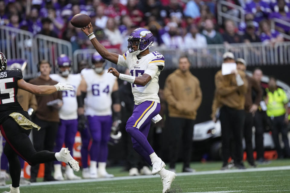 Minnesota Vikings quarterback Joshua Dobbs looks to throw a pass during the second half of an NFL football game against the Atlanta Falcons, Sunday, Nov. 5, 2023, in Atlanta. (AP Photo/John Bazemore)