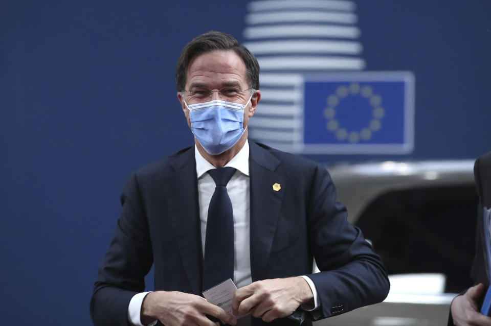 Dutch Prime Minister Mark Rutte arrives for an EU summit at the European Council building in Brussels, Thursday, Dec. 10, 2020. European Union leaders meet for a year-end summit that will address anything from climate, sanctions against Turkey to budget and virus recovery plans. Brexit will be discussed on the sidelines. (Yves Herman, Pool via AP)