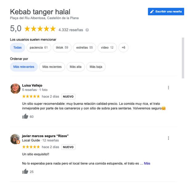 Rese&#xf1;as en Google del restaurante Kebab Tanger Halal de Castell&#xf3;n. (Photo: GOOGLE)
