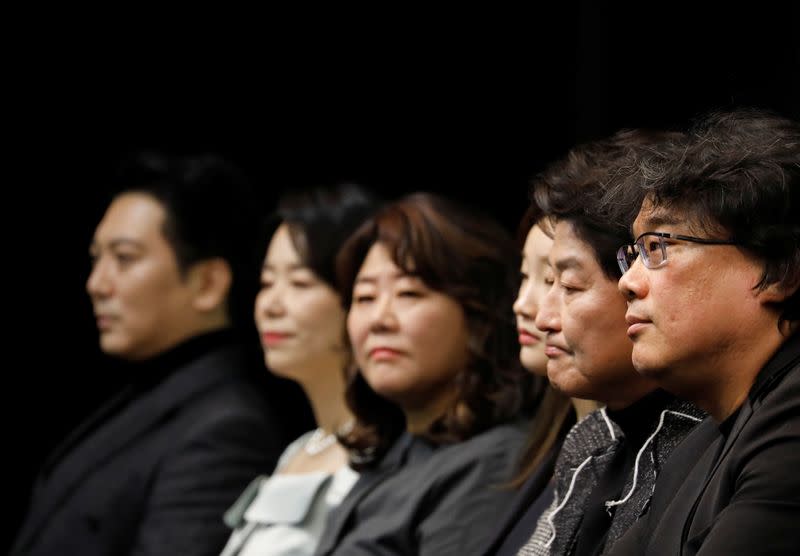 The cast of four Oscar award-winning film 'Parasite' and Director Bong Joon-ho attend a news conference in Seoul