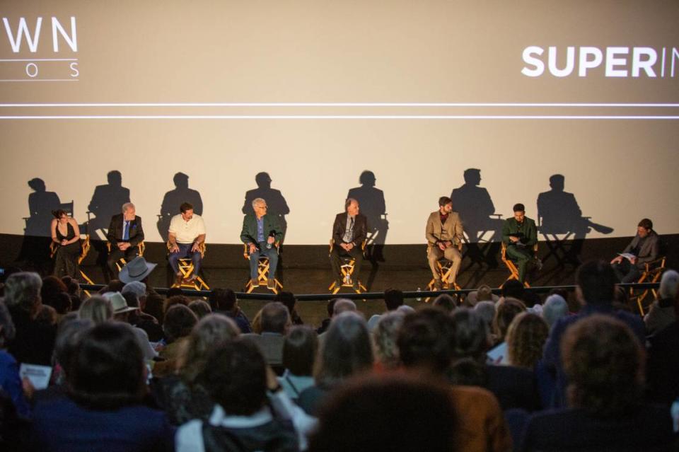 At the recent full-house screening of the not-yet-released film, “Hidden Creek,” at the Hearst Castle Theater on Jan. 13, 2024, lead actors and others were joined for an after-the-showing Q&A period with their screenwriter Steve Brody (in the blue shirt) and producer/directors Damien Jewel (beige suit) and Julian Mercado (to his right), who are from Cambria.