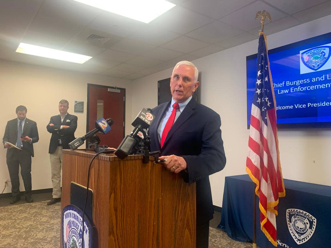 Former Vice President Mike Pence speaks with members of the news media about issues facing law enforcement during a visit to North Charleston, South Carolina on Thursday, March 2, 2023.