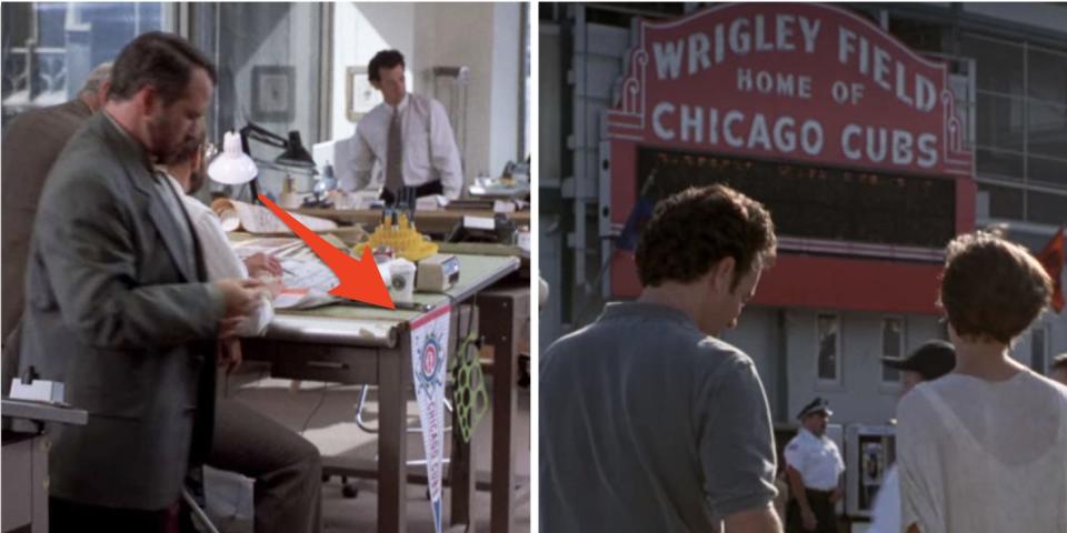 Tom Hanks standing in office with Chicago Cubs flag hanging from a desk. Tom Hanks and another actress standing in front of Wrigley Field.