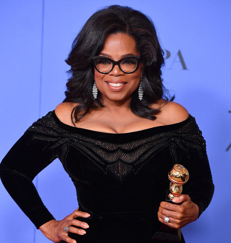 Oprah Winfrey&nbsp;poses with the Cecil B. DeMille Award at the 75th Annual Golden Globe Awards on Sunday. (Photo: George Pimentel via Getty Images)