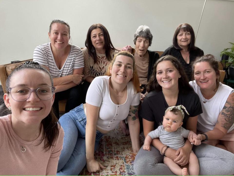 Kloe (front left) takes a selfie with her family members. Back row: Kloe's mum Julie-Anne, her aunt Angela, great nanna Dida, nanna Mary-Anne. Centre: Kloe's sister Mariah, Kloe's cousin Olivia, her aunt Lisa and Kloe's niece Lainey. 