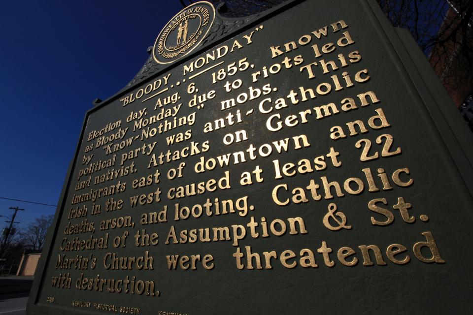 The historical marker remembering “Bloody Monday” in Louisville, Kentucky.
(Photo: Michael Clevenger/The Courier-Journal)