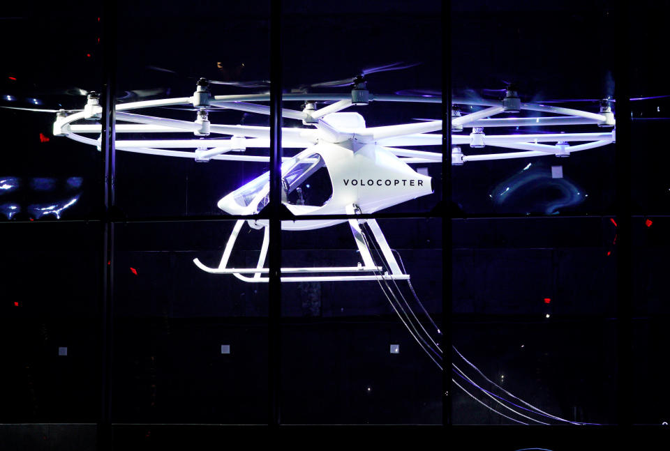 A two-seater Volocopter drone flies on stage at the Intel Keynote address at CES in Las Vegas, Nevada, U.S. January 8, 2018. REUTERS/Rick Wilking