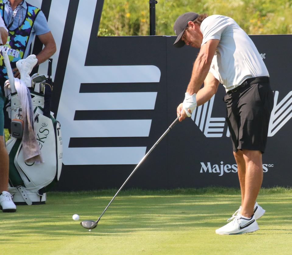 Bedminster, NJ August 12, 2023 -- Brooks Koepka during the second round of the 2023 LIV Golf Tournament held at Trump National in Bedminster, NJ but Trump impersonator Thomas Mundy came to entertain on August 12, 2023.