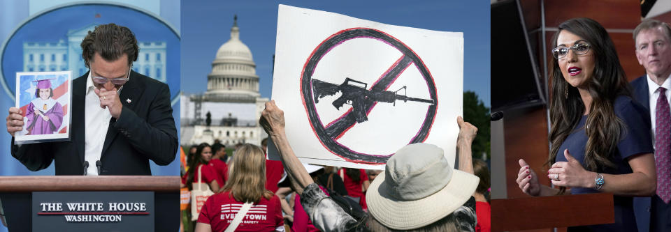 Actor Matthew McConaughey holds an image of Alithia Ramirez, 10, who was killed in the mass shooting at an elementary school in Uvalde, Texas, during a press briefing at the White House on June 7, 2022, in Washington, left, a woman holds a sign during a Students Demand Action event in Washington on June 6, 2022, center, and Rep. Lauren Boebert, R-Colo., a member of the House Second Amendment Caucus, speaks about Democratic measures to curb gun violence in Washington, June 8, 2022, after mass shootings in Uvalde, Texas, and Buffalo, N.Y. (AP Photo)