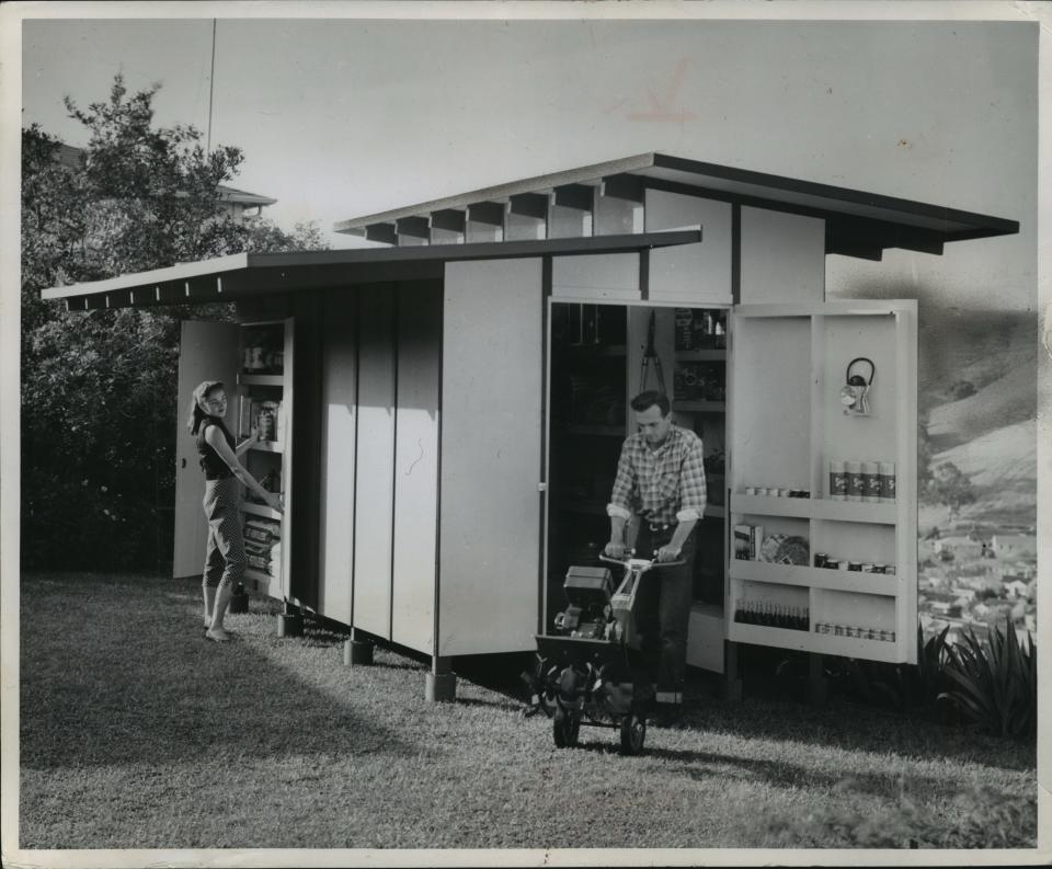 From the archive: A garden storage unit may be your answer to a crowded basement or garage. The storage house can be used for patio and garden equipment, or it can double for a dressing room if you have a pool. Plans for its construction can be obtained free from the Milwaukee Journal's Public Service Bureau, Milwaukee, Wisconsin. Photo is dated to 1958.