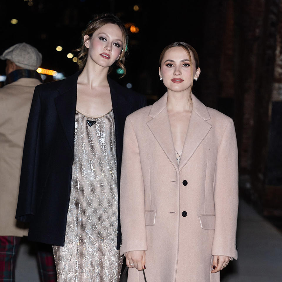 Iris Apatow (L) and Maude Apatow attends the Prada makeup and skincare launch party at Skylight at The Refinery in Brooklyn on February 09, 2024 in New York City.