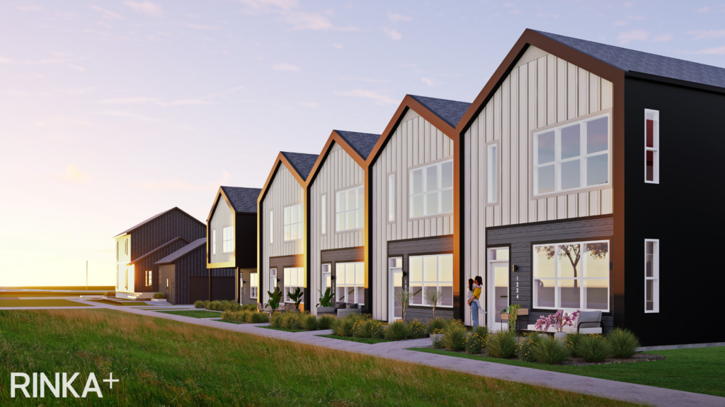 After raising $3.08 million, Milwaukee-based F Street is ready to start construction of 28 Ivy townhomes at Oak Creek’s Lakeshore Commons. Rendering courtesy of RINKA.
