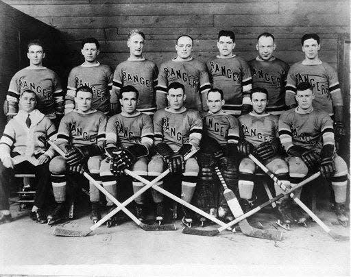 The New York Rangers on Nov. 18, 1928 (from left to right, top row) Billy Boyd, Butch Keeling, manager Lester Patrick, Ching Johnson, Myles Lane, Taffy Abel, Paul Thompson, (bottom row) trainer Harry Westerby, Murray Murdock, Frank Boucher, Bill Cook, John Ross, Leo Bourgault and Bunny Cook.