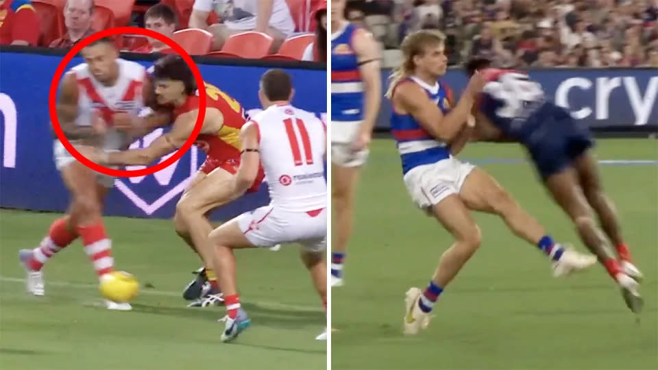 Sydney's Buddy Franklin and Melbourne''s Kysaiah Pickett were both guilty of high shots in round one of the AFL season. PIctures: Fox Footy
