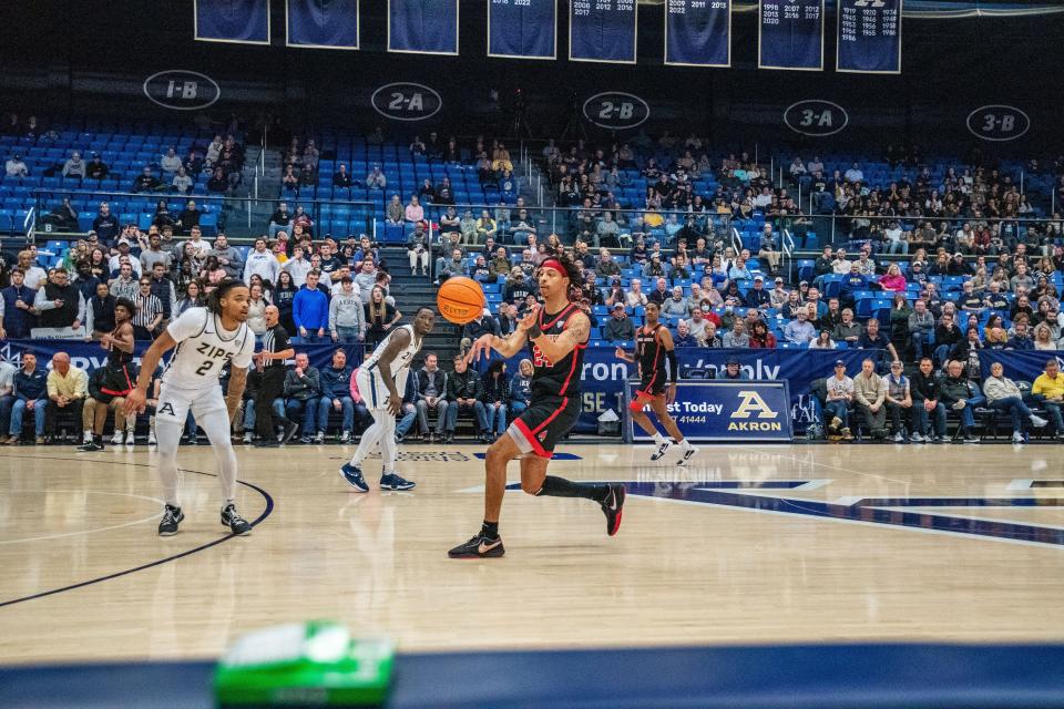 Ball State men's basketball's Jalen Windham scored a career-high 19 points in the team's game at Akron on Tuesday, Feb. 28, 2023.