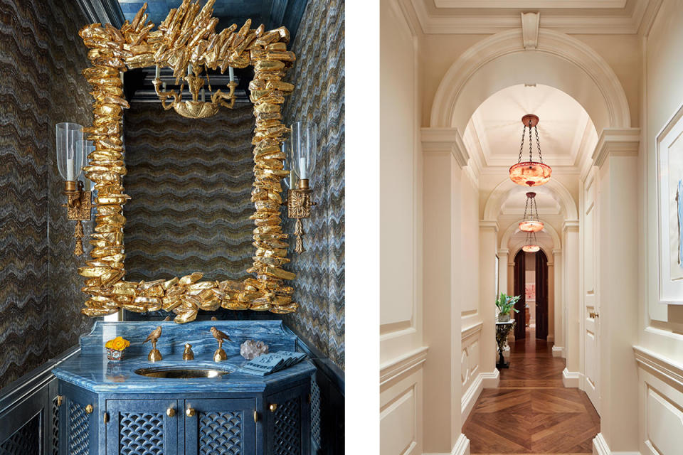 Bespoke detail is found throughout, from the gold mirror in the powder room to the parquet in a long corridor.