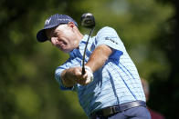 FILE - Jim Furyk hits off the third tee during the first round of the PGA Tour Champions Principal Charity Classic golf tournament, Friday, June 3, 2022, in Des Moines, Iowa. Furyk is set to complete the second leg of a daunting USGA double. Following an appearance at last week's U.S. Open, he'll defend his title at the U.S. Senior Open at Saucon Valley Country Club beginning Thursday, June 23, 2022. (AP Photo/Charlie Neibergall, File)