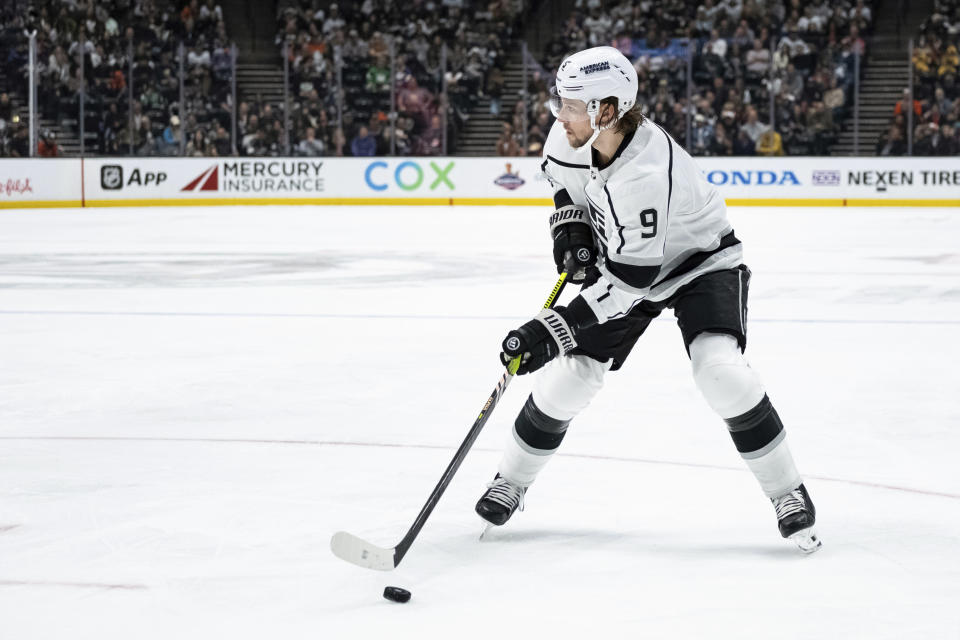 Los Angeles Kings right wing Adrian Kempe (9) looks to shoot the puck during the second period of an NHL hockey game against the Anaheim Ducks, Tuesday, April 9, 2024, in Anaheim, Calif. (AP Photo/William Liang)