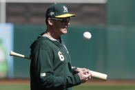 Oakland Athletics manager Bob Melvin watches baseball practice in Oakland, Calif., Tuesday, Oct. 1, 2019. The Athletics are scheduled to face the Tampa Bay Rays in an American League wild-card game Wednesday, Oct. 2. (AP Photo/Jeff Chiu)