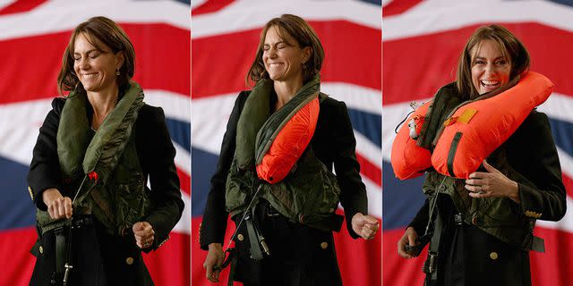<p>ADRIAN DENNIS/AFP via Getty Images (3)</p> Kate Middleton inflates a life vest on Sept. 18, 2023