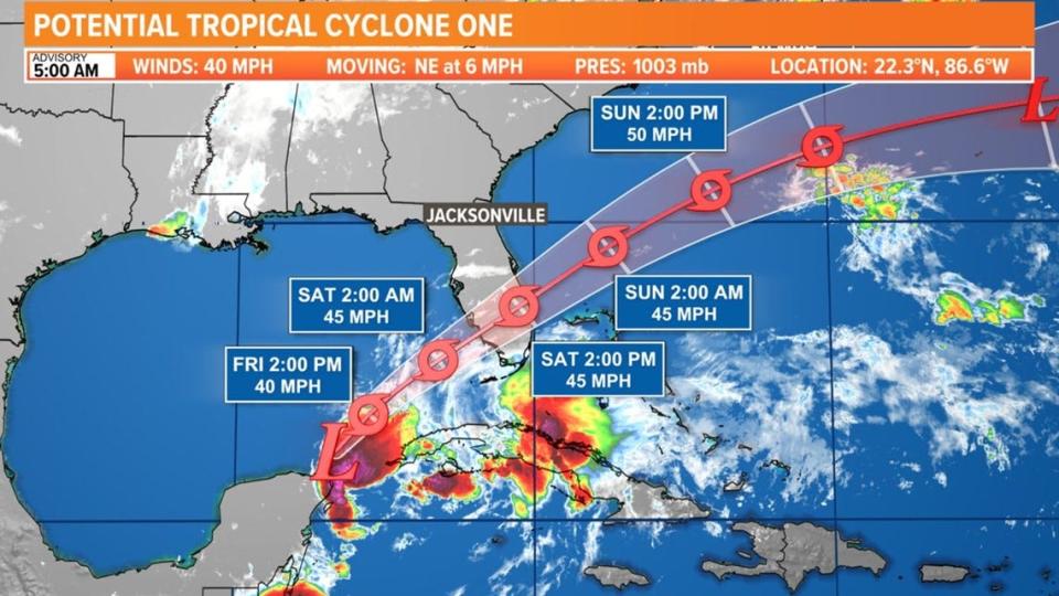 The possible path of the Potential Tropical Cyclone One as of Friday morning, according to First Coast News meteorologists.