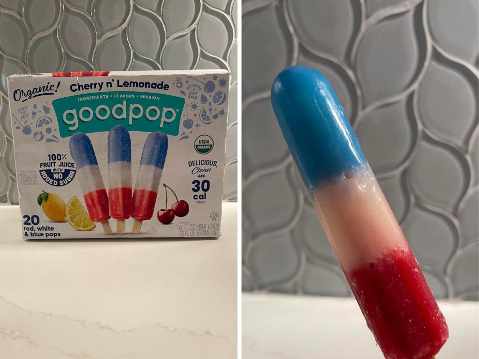 A box of popsicles from Costco and a popsicle from Costco.