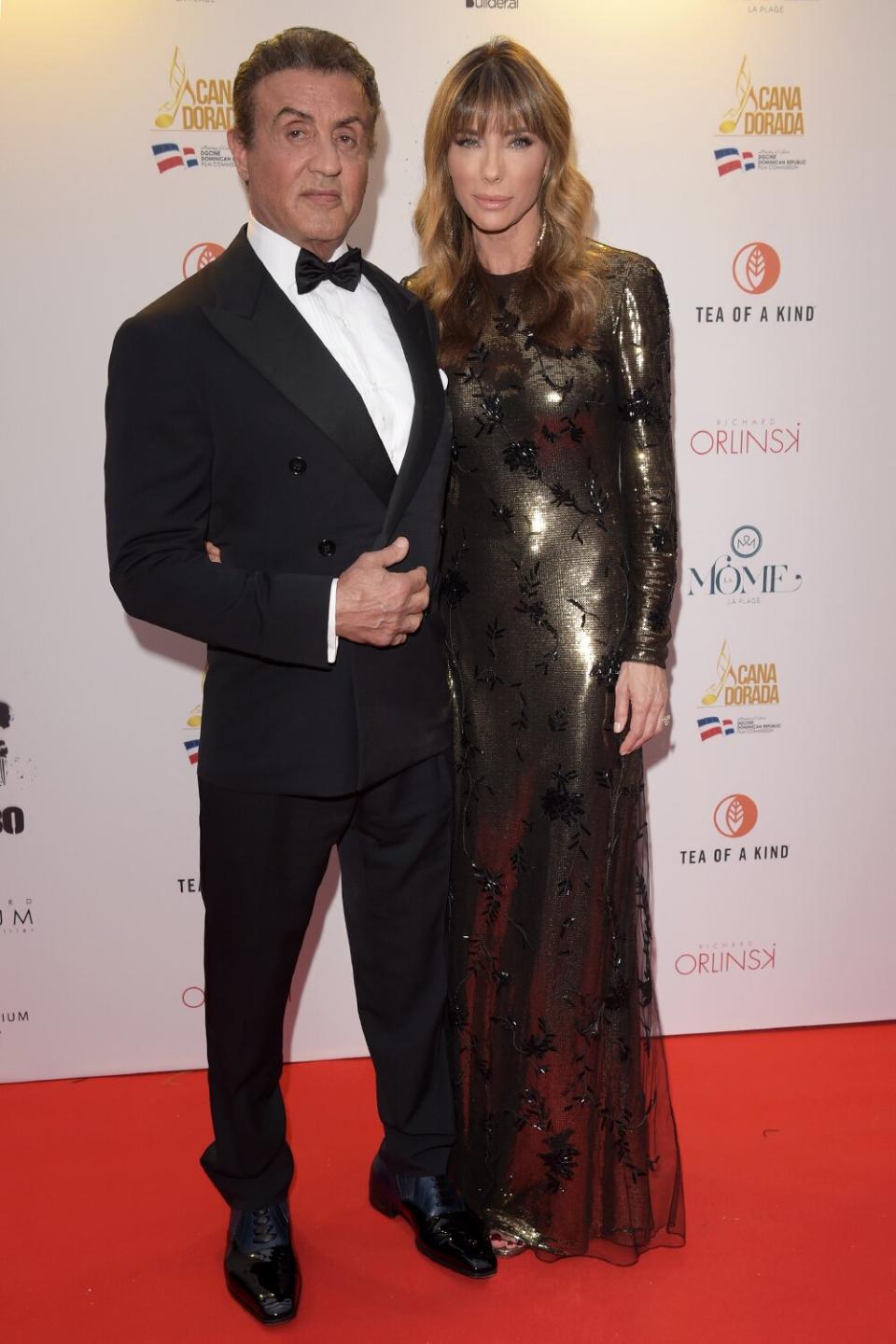 Sylvester Stallone and Jennifer Flavin attend Millennium Media Dinner And Cocktail Reception In Honor Of Sylvester Stallone on May 24, 2019 in Cannes, France.