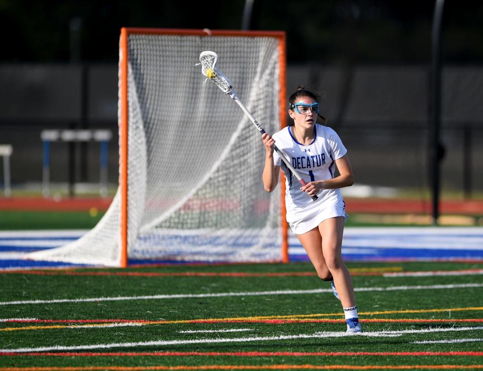 Decatur's Mia Kemp (1) in the match against Parkside Wednesday, May 3, 2023, in Berlin, Maryland. Decatur defeated Parkside 19-3.